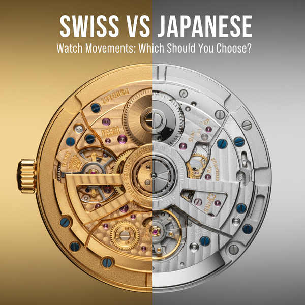 Swiss and Japanese watch movements side by side comparison showing ETA Swiss movement and Miyota Japanese movement with visible mechanical components